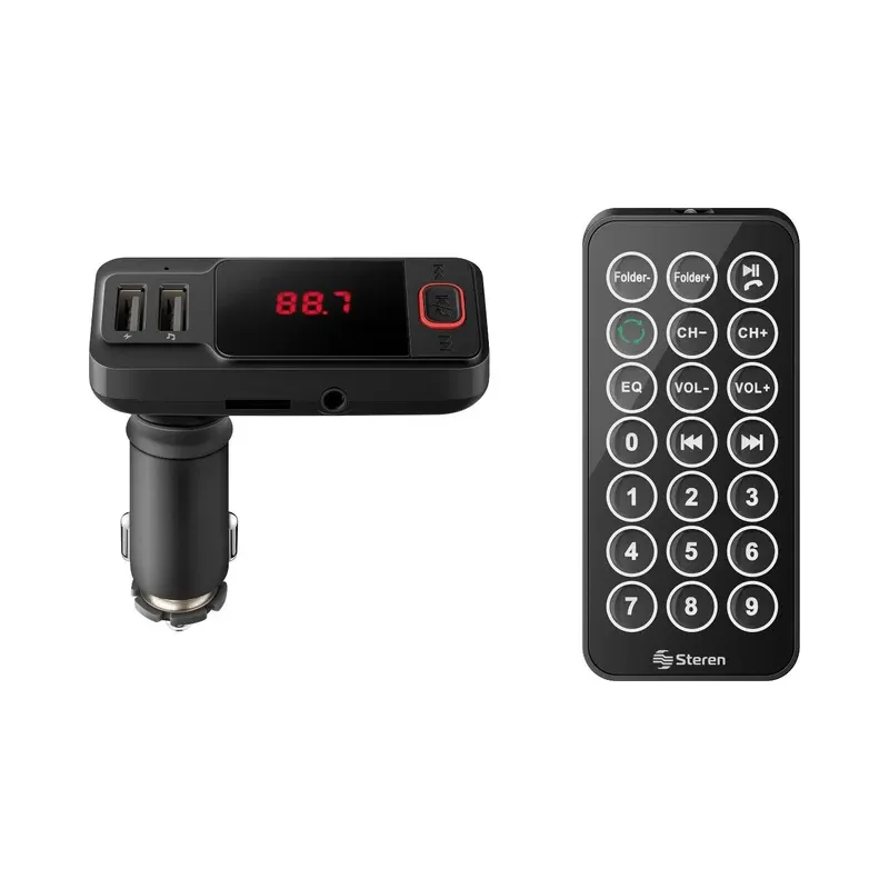 Transmisor FM Bluetooth* con cargador USB, reproductor MP3 y control remoto Steren FMT-845