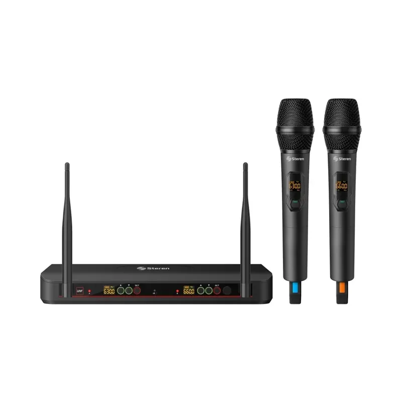 Sistema de 2 micrófonos inalámbricos UHF con selector automático de frecuencia y batería recargable Steren MIC-8020