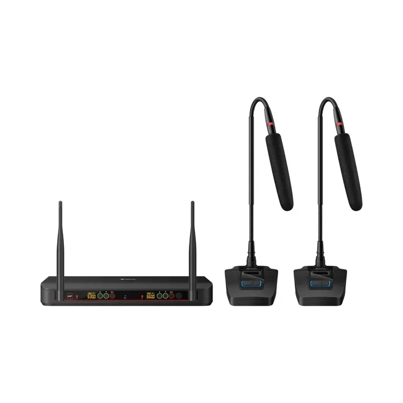 Sistema de 2 micrófonos inalámbricos UHF con selector automático de frecuencia, batería recargable y cuello flexible Steren MIC-8025