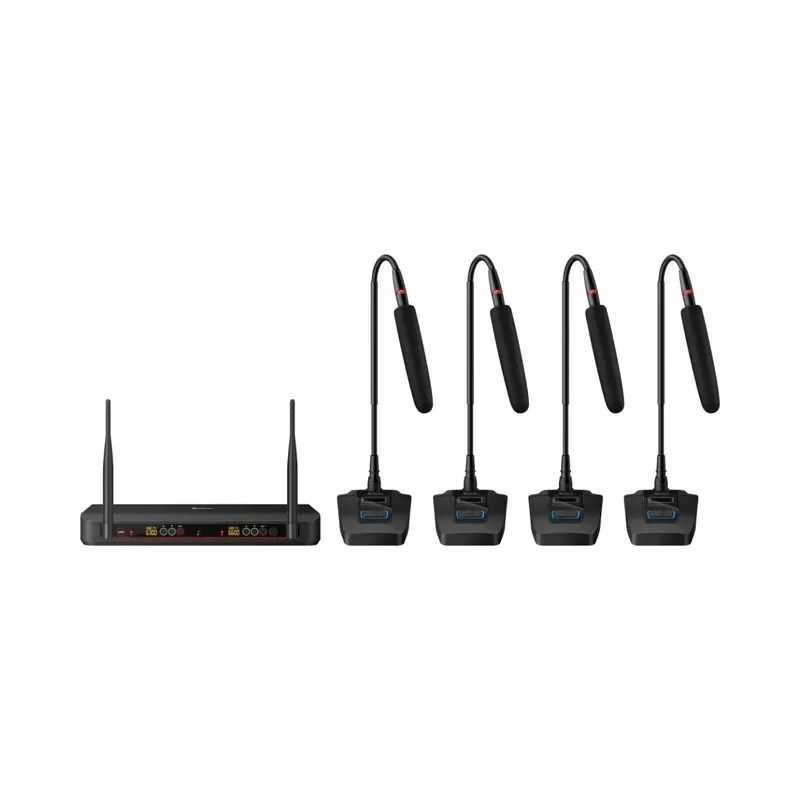 Sistema de 4 micrófonos inalámbricos UHF con selector automático de frecuencia, batería recargable y cuello flexible Steren MIC-8045