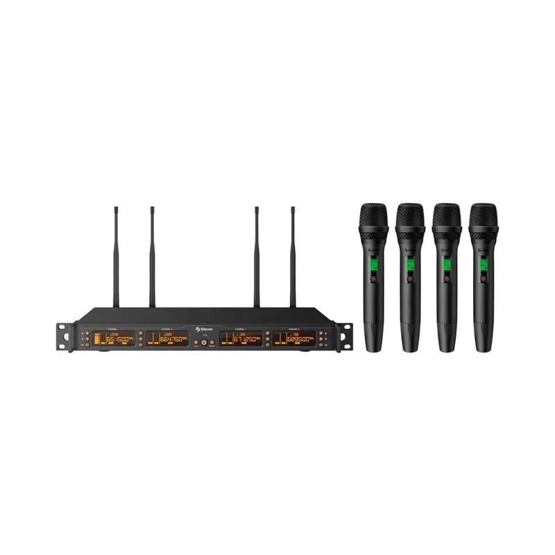 Sistema profesional STAGL de 4 micrófonos inalámbricos UHF con selector automático de frecuencia y batería recargable Steren MIC-8540PRO