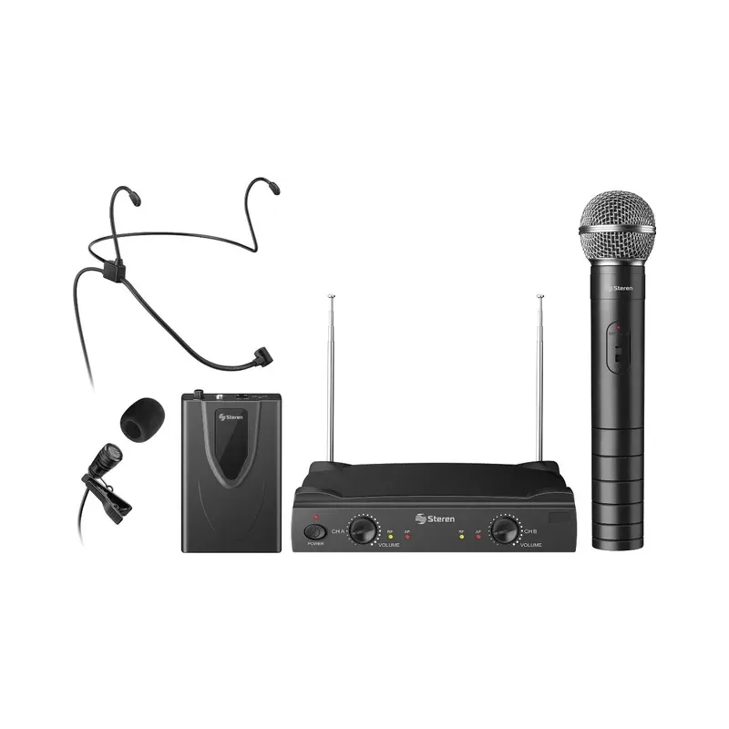 Sistema de 2 micrófonos inalámbricos VHF, de mano y solapa o diadema Steren WR-057