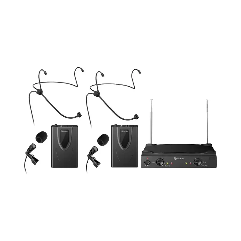 Sistema de 2 micrófonos inalámbricos VHF, de solapa y nuca Steren WR-058