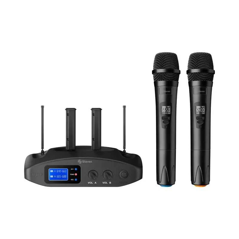 Sistema profesional de 2 micrófonos inalámbricos UHF, con batería recargable Steren WR-810 UHF