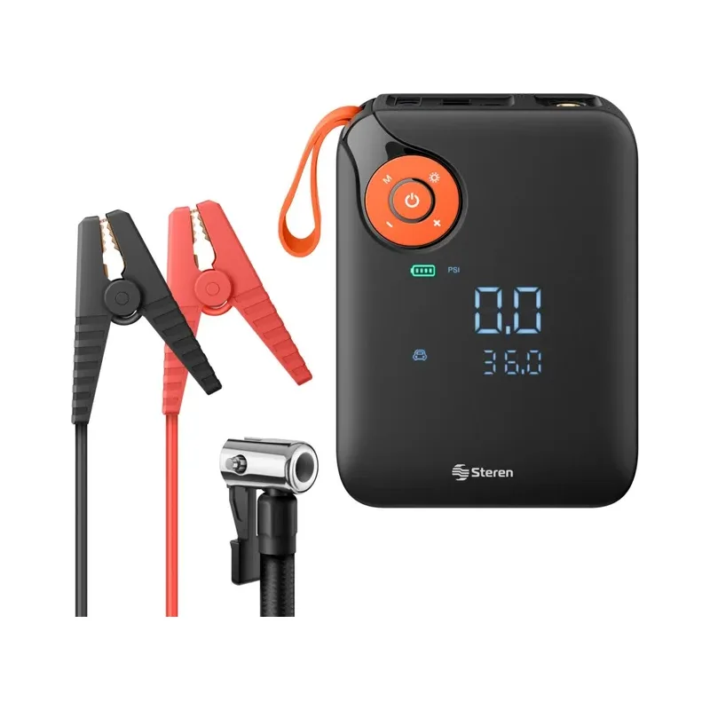 Arrancador para carro compacto o SUV, inflador de llantas, power bank y linterna LED Steren PB-CAR80