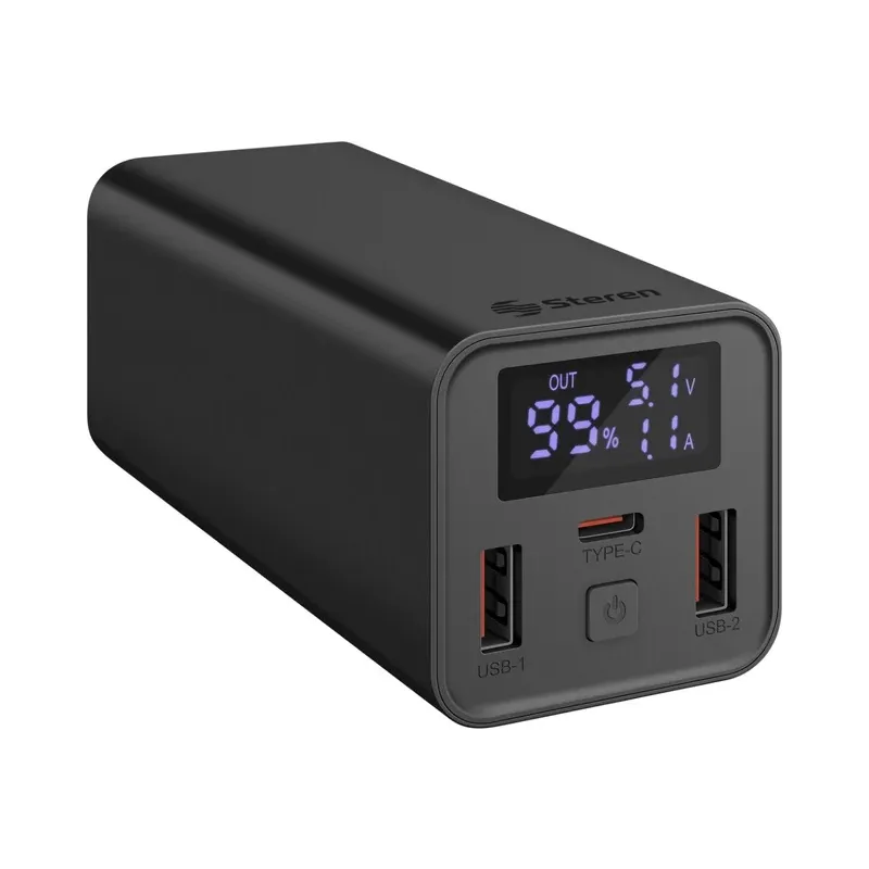 Power Bank de 18,000 mAh PD 65 W / QC 20 W con 1 salida USB C y 2 salidas USB Steren PB-065