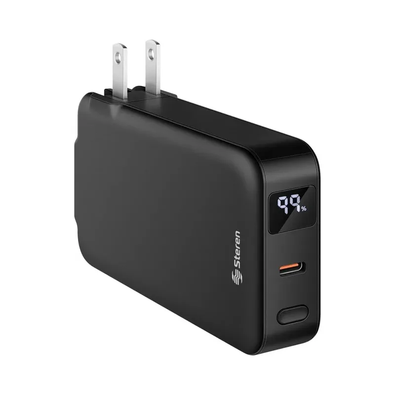 Cargador USB con Power Bank de 5,000 mAh, PD 20 W con 1 salida USB C, cables integrados USB C y Lightning* y clavija abatible Steren PB-2005AC