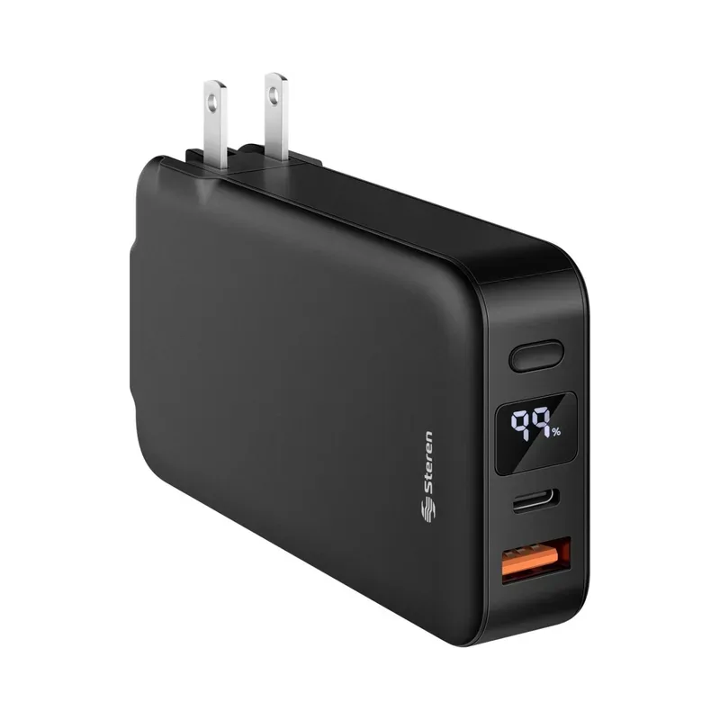 Cargador USB con Power Bank de 10,000 mAh, PD 20 W / QC 18 W con 1 salida USB C, 1 salida USB, cables integrados USB C y Lightning y clavija abatible Steren PB-2010AC