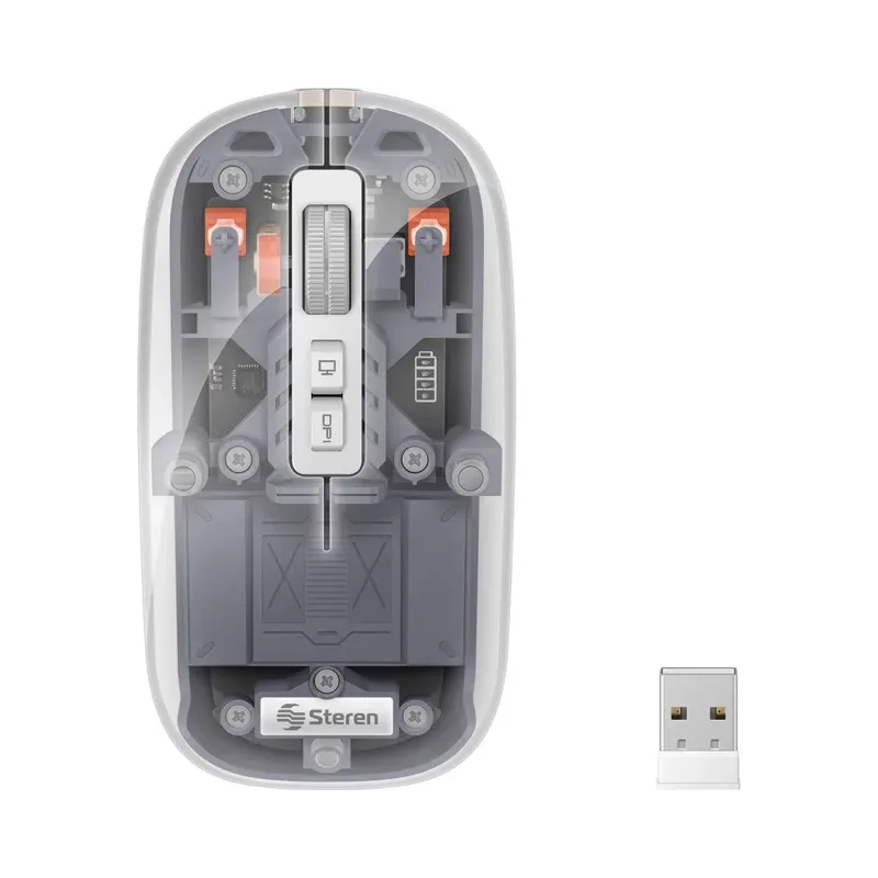 Mouse Bluetooth*/ RF, multidispositivo con batería recargable 800 / 1200 / 1600 / 2400 DPI, transparente Steren COM-5740