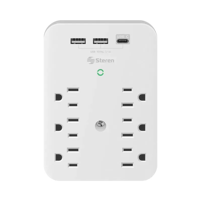 Regleta de pared con supresor de picos (312 J), 6 salidas polarizadas y centro de carga doble USB / un USB-C Steren 905-170