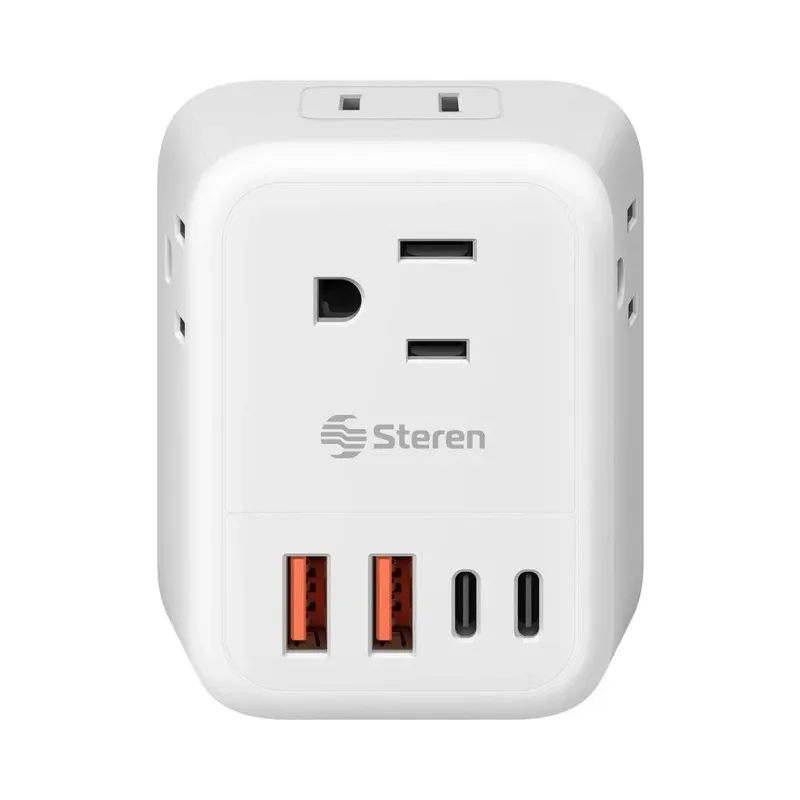 Regleta de pared para viaje con clavija europea, 4 salidas polarizadas y centro de carga USB / USB C Steren 905-129