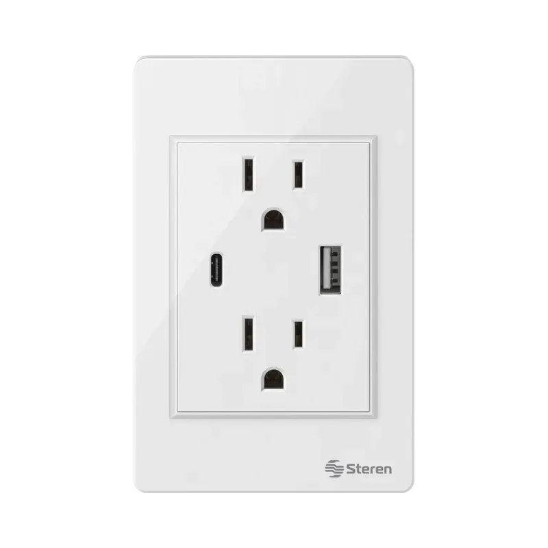 Doble contacto y cargador USB / USB C, con placa para pared Steren 905-134