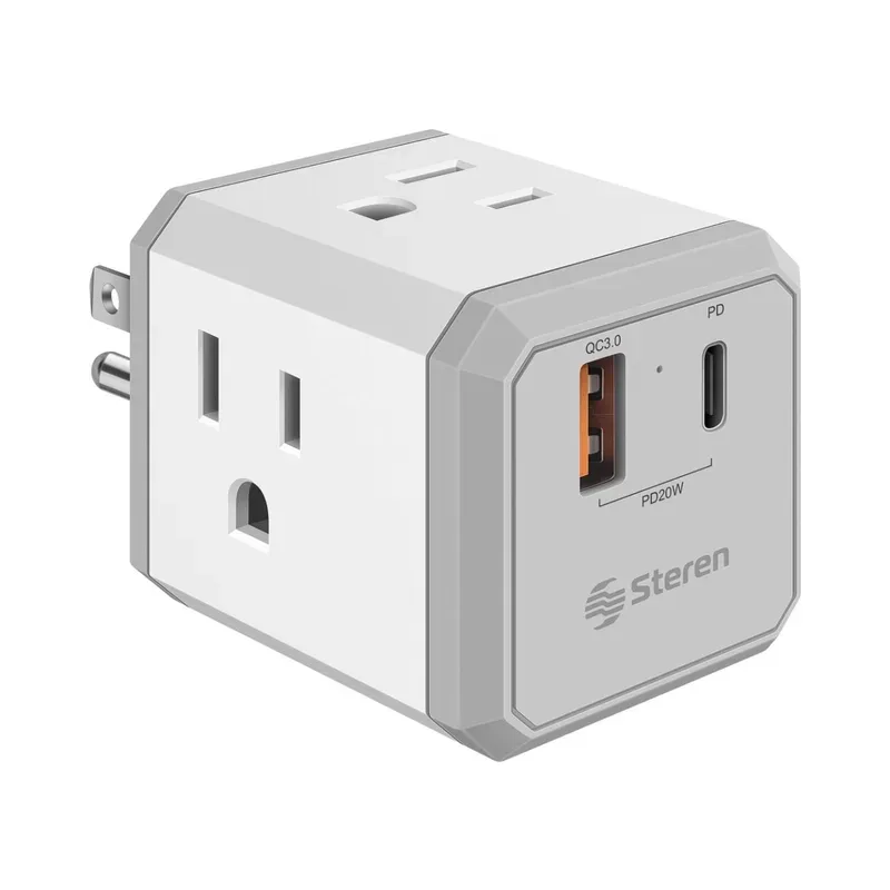 Clavija adaptadora de 4 contactos con cargador USB C PD 20 W y USB QC 20 W, en forma de cubo Steren 905-139