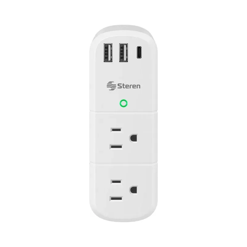 Regleta de pared con supresor de picos (156 J), 6 salidas polarizadas, centro de carga doble USB / USB C, y clavija con rotación 180° Steren 905-176