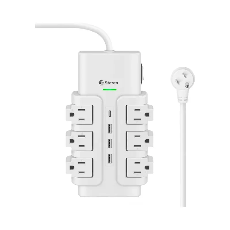 Regleta de 6 salidas horizontales giratorias con supresor de picos (108 J) y cargador USB C PD 18 W / USB QC 18 W Steren 905-3010