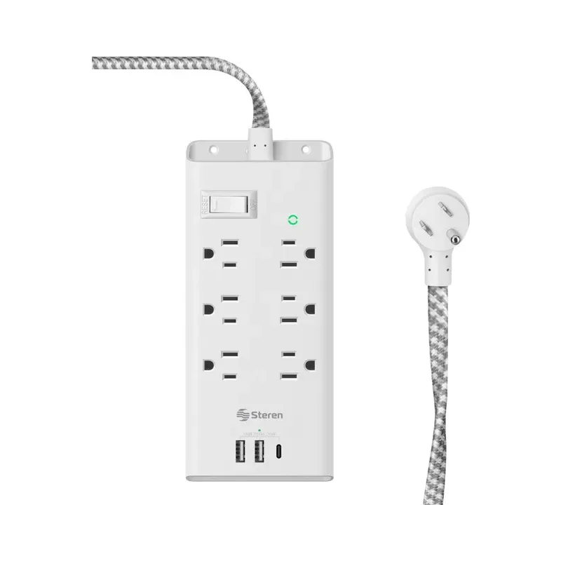 Regleta de 6 salidas con supresor de picos (456 J), 2 cargadores USB y 1 cargador USB C Steren 905-455