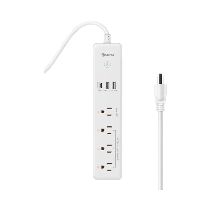 Regleta Wi-Fi* de 4 salidas horizontales con supresor de picos (60 J) y cargadores USB C PD 20 W / 2 x USB QC 18 W Steren SHOME-300