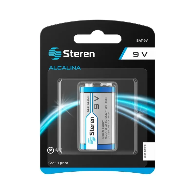 Batería alcalina Ultra "9V" (cuadrada) de larga duración Steren BAT-9V+