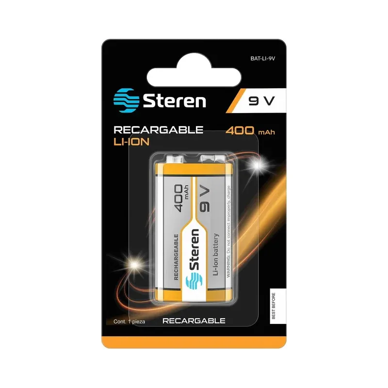 Batería recargable Li-Ion tipo 9V (cuadrada), de 400 mAh Steren BAT-LI-9V