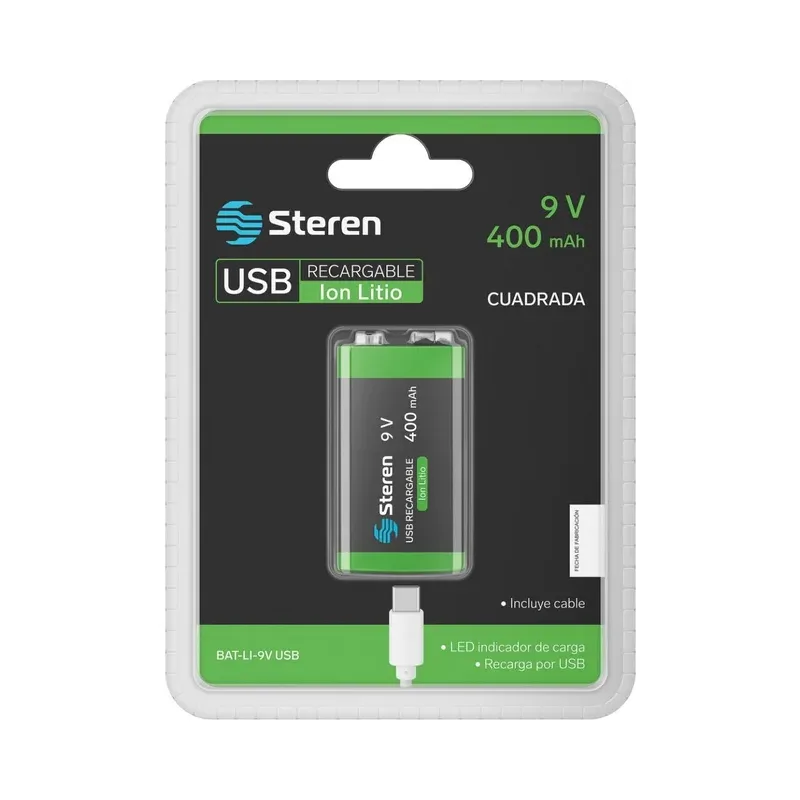Batería recargable USB Li-Ion tipo 9V (cuadrada), de 3600 mWh Steren BAT-LI-9V USB