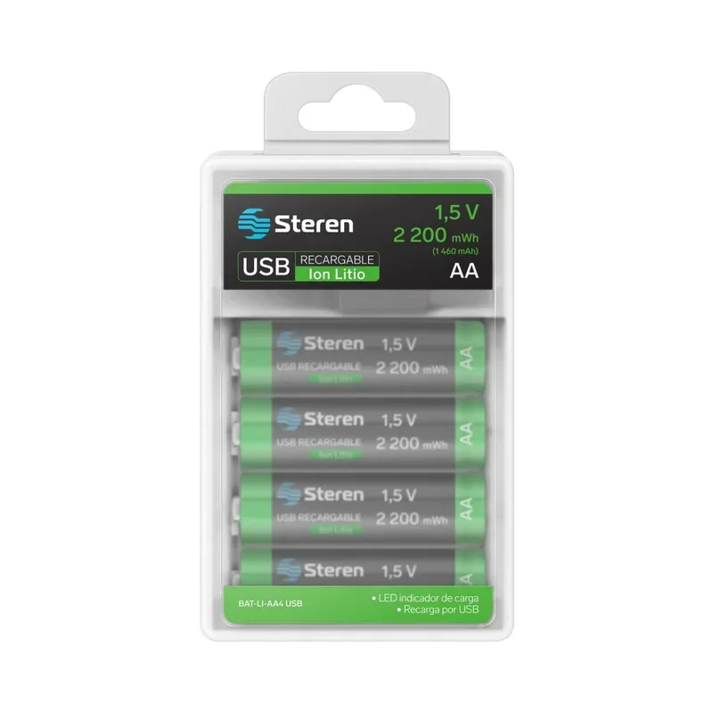 4 baterías recargables USB Li-Ion tipo AA, de 1460 mAh Steren BAT-LI-AA4 USB