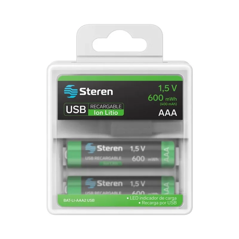 2 baterías recargables USB Li-Ion tipo AAA, de 370 mAh Steren BAT-LI-AAA2 USB