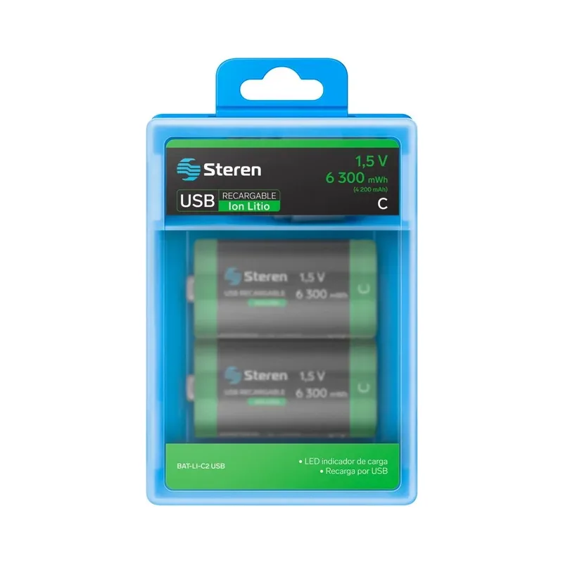 2 baterías recargables USB Li-ion tipo C, de 6300 mWh Steren BAT-LI-C2 USB