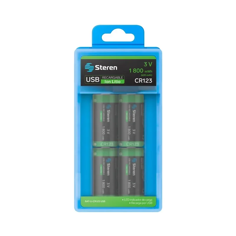 4 baterías recargables USB Li-Ion tipo CR123, de 1 800 mWh Steren BAT-LI-CR123 USB