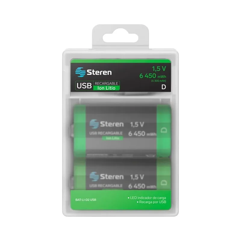 2 baterías recargables USB Li-Ion tipo D, de 6450 mWh Steren BAT-LI-D2 USB