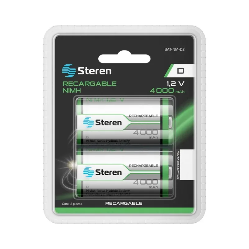 Paquete de 2 pilas recargables "D" NiMH 4000 mAh Steren BAT-NM-D2