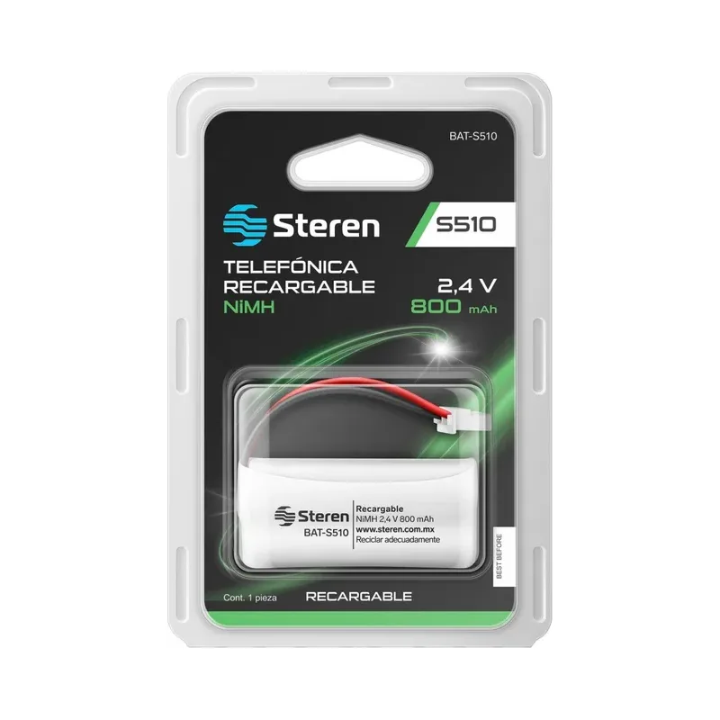 Pila telefónica recargable NiMH de 2.4 Vcc, 800 mAh Steren BAT-S510